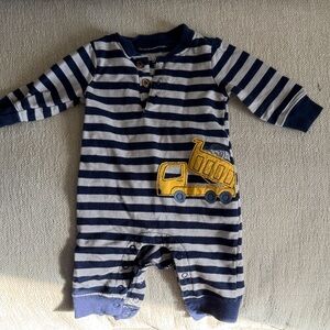 Navy and Yellow Striped Kids Footie with Truck Design